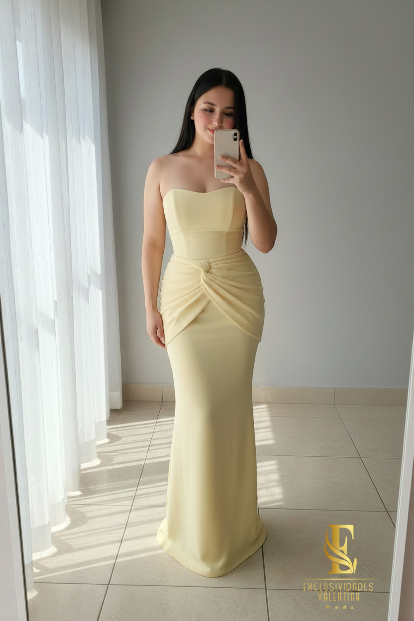 Vestido Sirena Amarillo Mantequilla | Strapless con Drapeado Anudado cod.V448