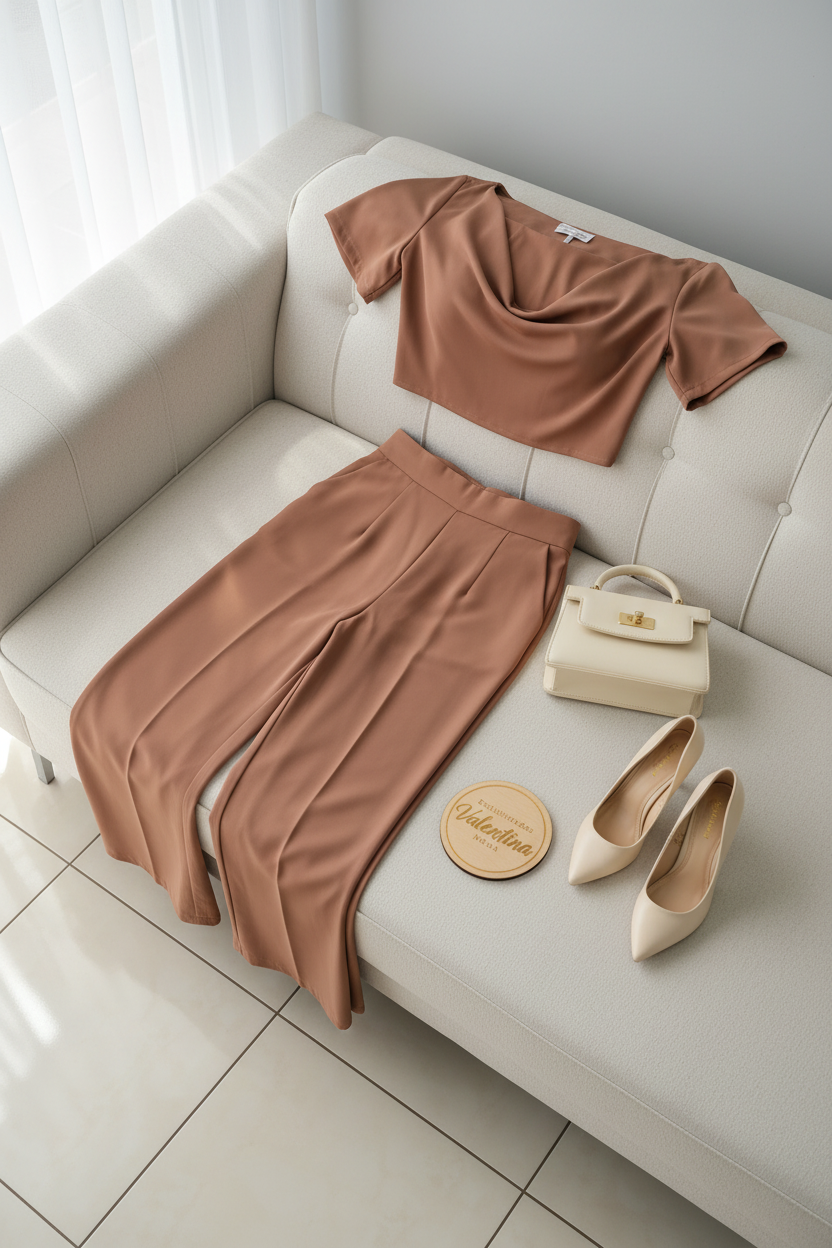 Conjunto 2 Piezas Nude Camel Top Cowl Drapeado y Palazzo cod.00140