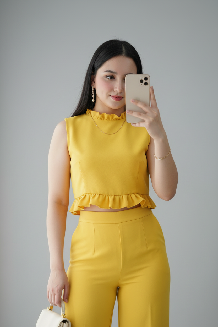 Conjunto Amarillo Mostaza Top Volante Pantalón Palazzo cod.C0031