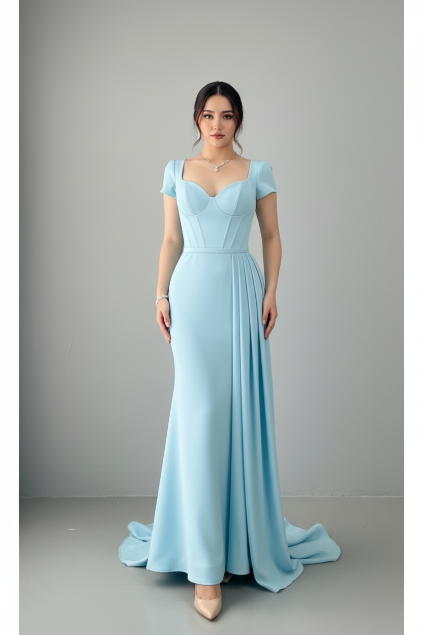 Vestido Sirena Azul Cielo — Corset Ballenas, Escote Corazón & Drapeado Frontal cod.884
