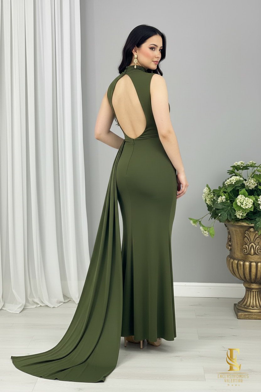 Vestido Verde Cazador — Cuello Alto Drapeado Cruzado con Cola Lateral cod.0052