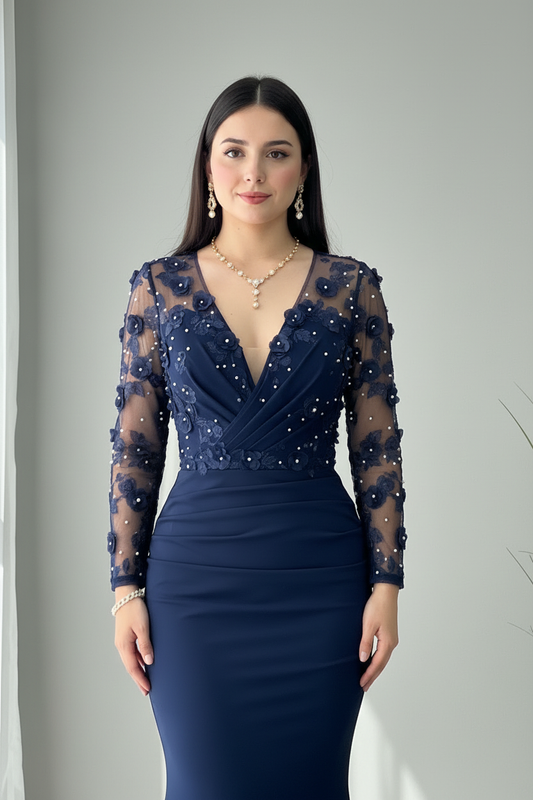 Vestido Azul Marino Sirena Manga Larga Tul Flores 3D Perlas cod.V687