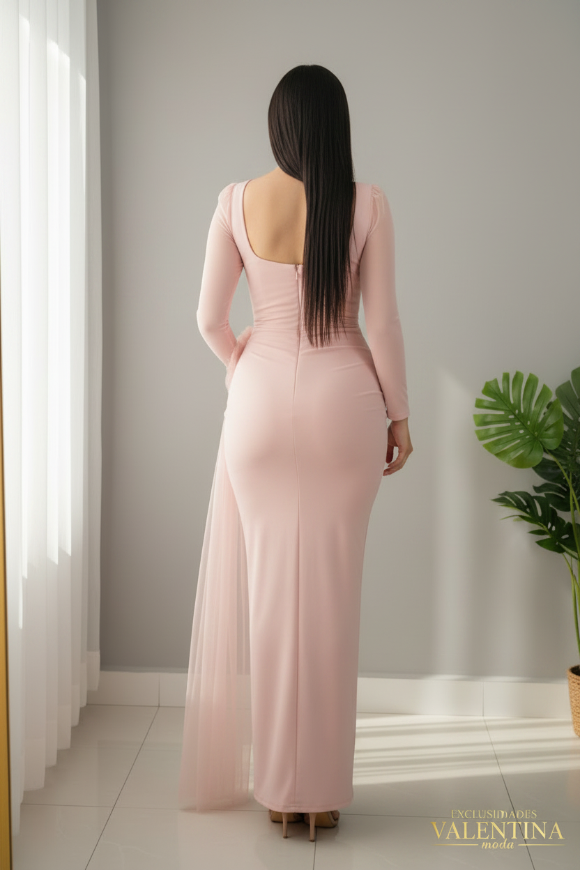 Vestido Largo Rosa Palo Flor 3D Manga Tul cod.V714