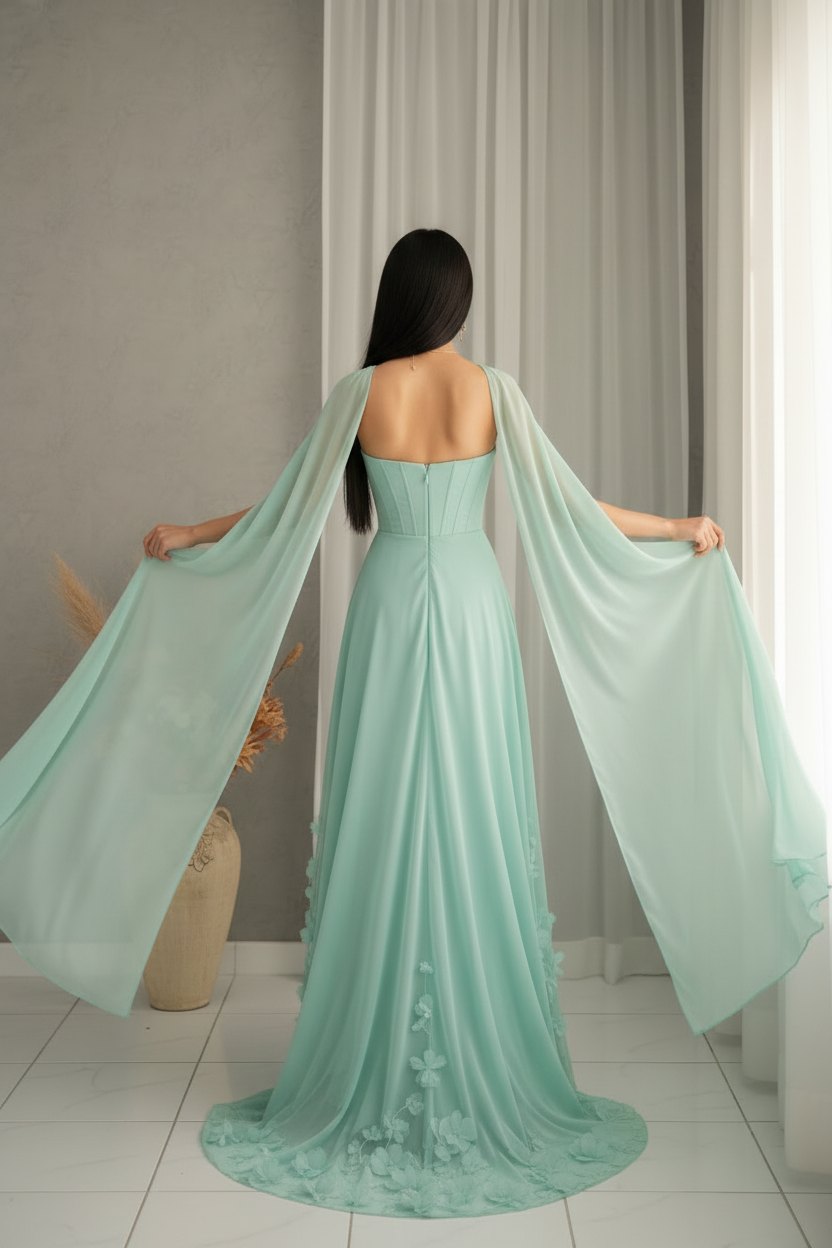 Vestido Verde Menta Gala Corset Flores 3D Mangas Capa cod.V577