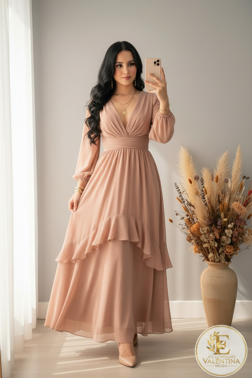 Vestido Nude Gasa Mangas Abullonada cod.00158