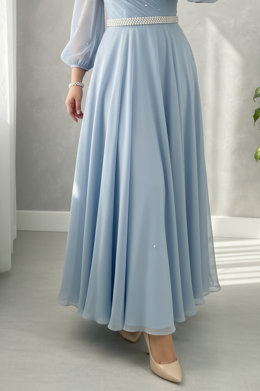 Vestido Azul Cielo Baby Blue Off-Shoulder Manga Tul Perlas Cinturon Perlas A-Line cod.838