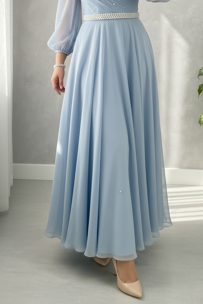 Vestido Azul Cielo Baby Blue Off-Shoulder Manga Tul Perlas Cinturon Perlas A-Line cod.838