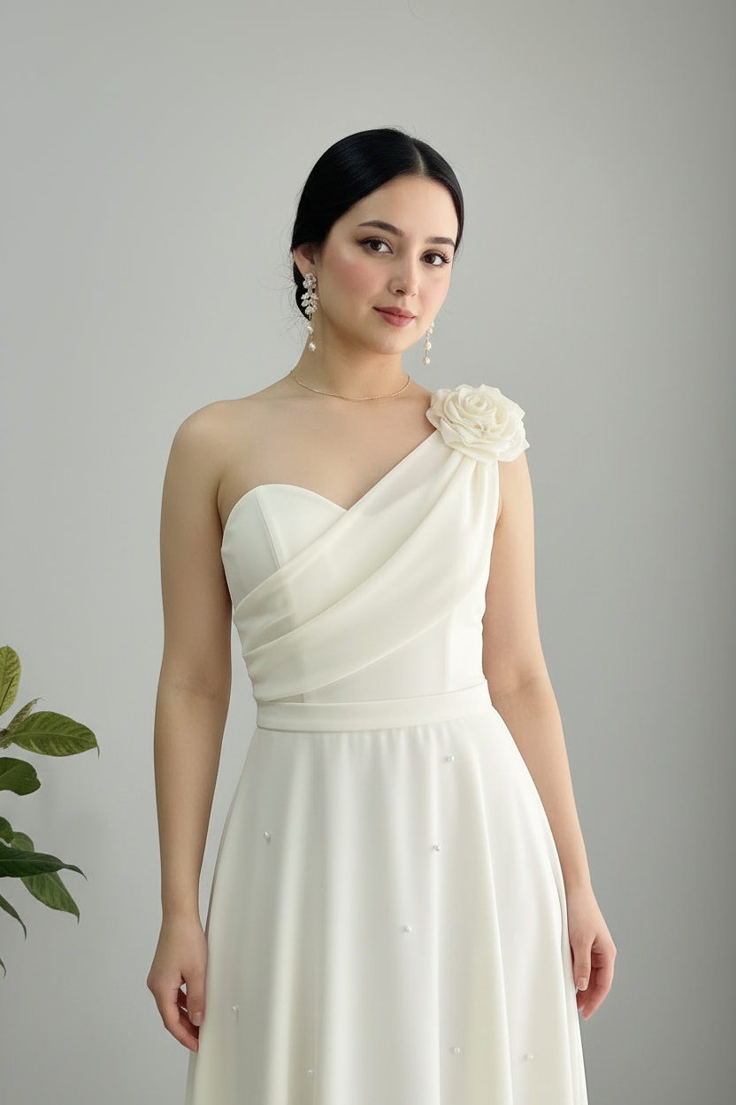 Vestido Blanco Marfil Un Hombro Drapeado Flor 3D Falda A-line Satin Perlas Tea Length cod.847