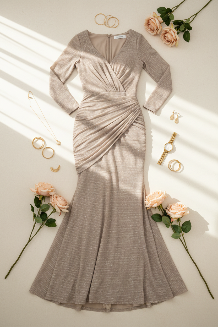 Vestido champagne dorado sirena manga larga drapeado lateral C.1947