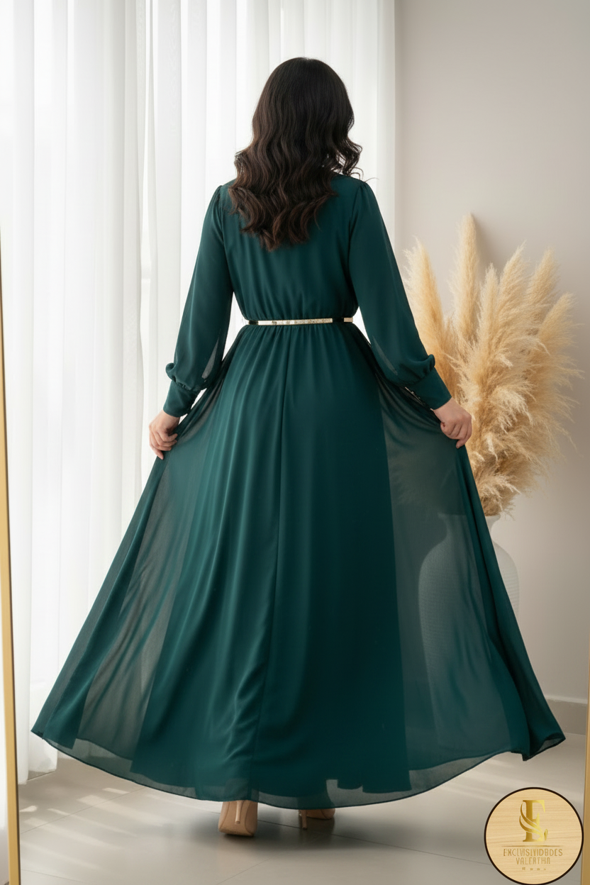 Vestido Verde Teal Chiffon Mangas Puff Cinturón Dorado cod.0092