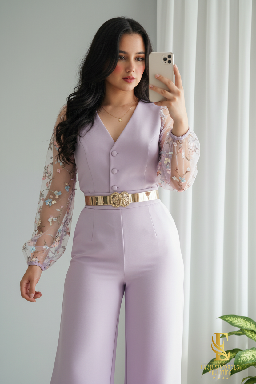 Conjunto Lila — Top Chaleco Mangas Bordadas & Palazzo cod.0043