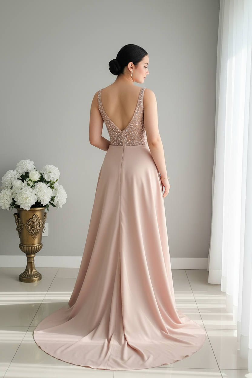 Vestido Largo Rose Gold Sin Mangas Corpino de Cristales Escote V Rosa 3D y Falda Satén Drapeada cod.V975