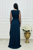Vestido Largo Azul Marino Tul con Perlas y Abertura cod.V936