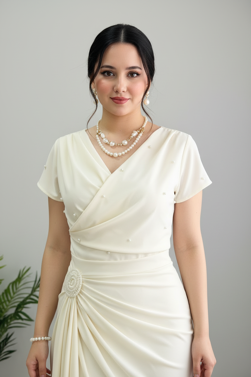 Vestido Drapeado Crema — Perlas, Broche & Falda Asimétrica cod.872
