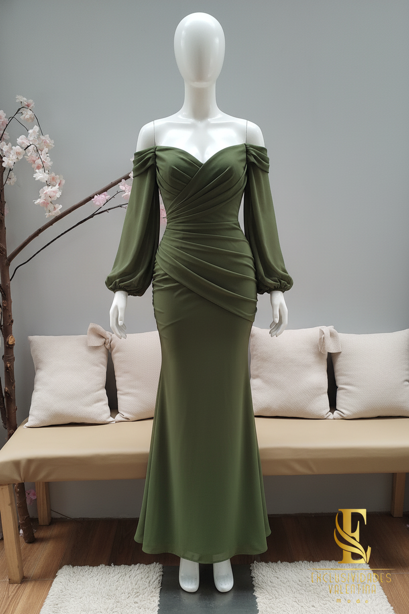 Vestido Verde Olivo Off-Shoulder Manga Globo Sirena Cod.V350