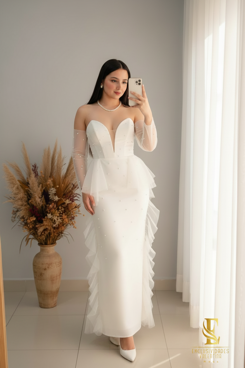 Vestido Novia Blanco | Manga Ilusión Tul y Volantes Cascada cod.V445