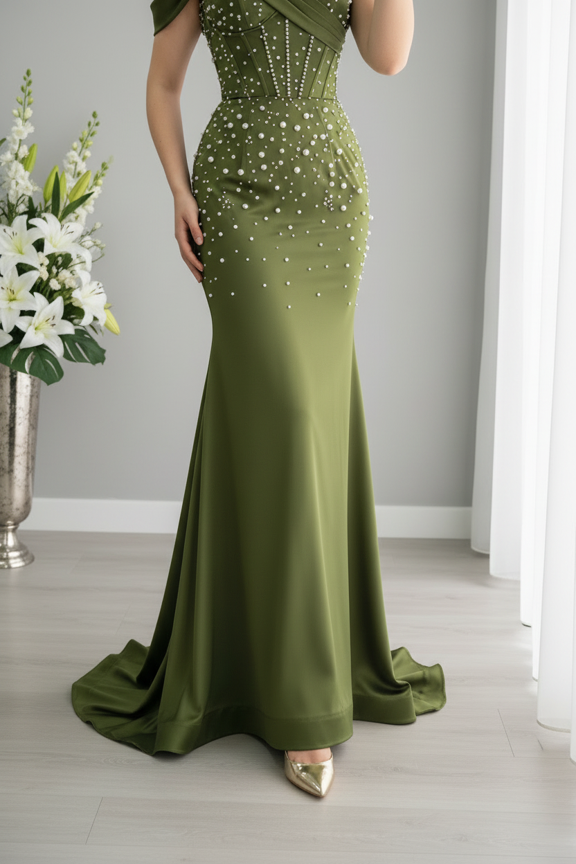 Vestido Largo Verde Militar - Off Shoulder con Perlas cod.V836