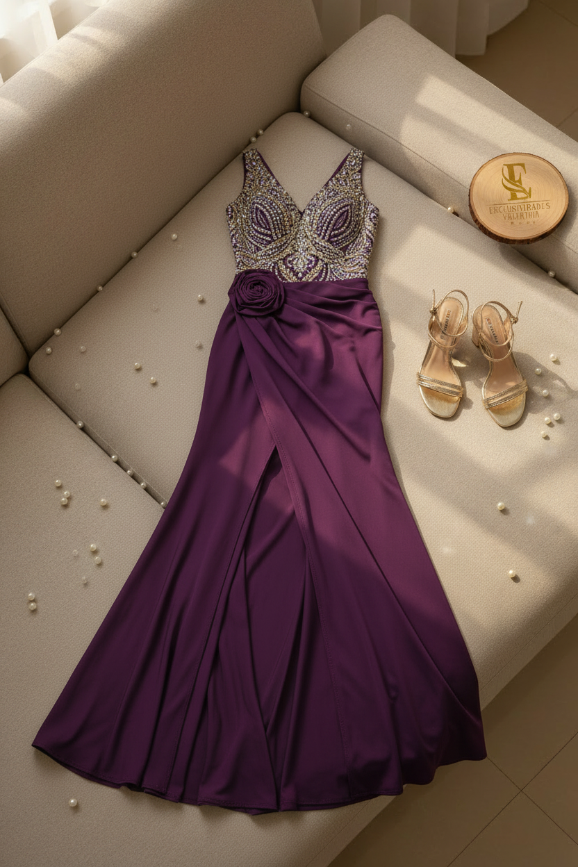Vestido Formal Morado Ciruela Escote V con Pedrería Dorada Damasco Rosa 3D y Abertura cod.545
