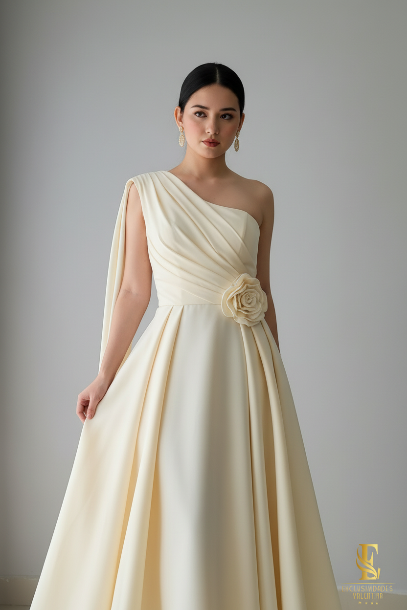 Vestido Crema Un Hombro Rosa cod.V330