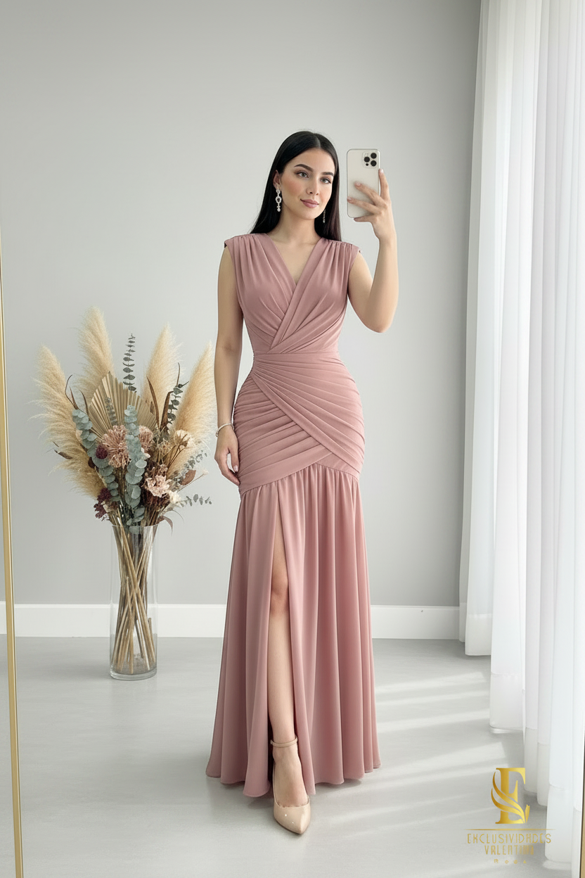 Vestido Rosa Palo | V-Neck Sin Mangas Drapeado Cruzado y Volantes cod.V449
