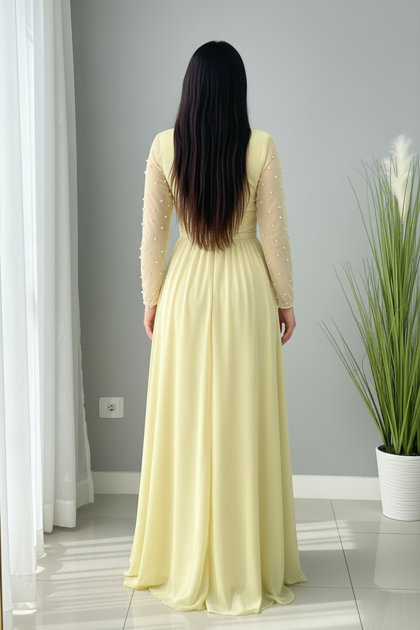 Vestido Amarillo Pastel Manga Larga Tul Perlas Abertura cod.V691