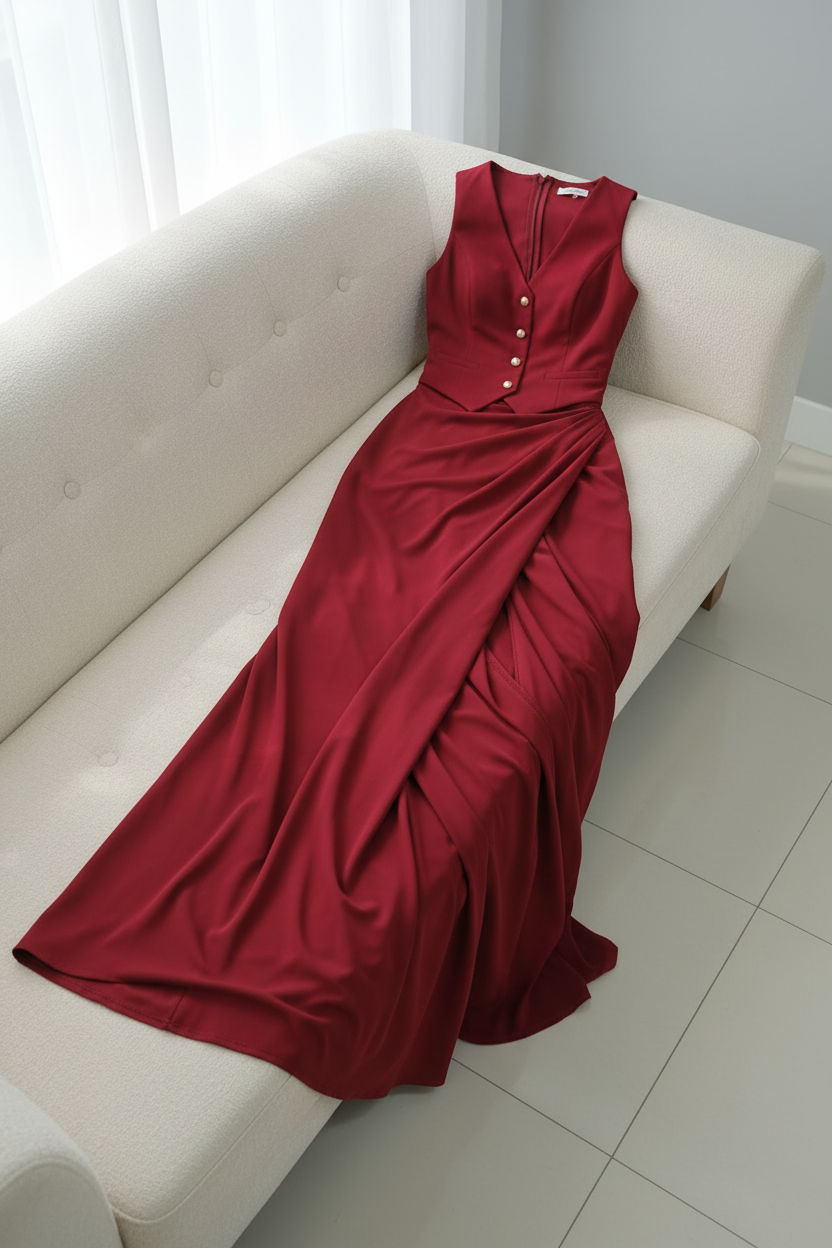 Conjunto Chaleco Borgoña con Botones Dorados cod.C236