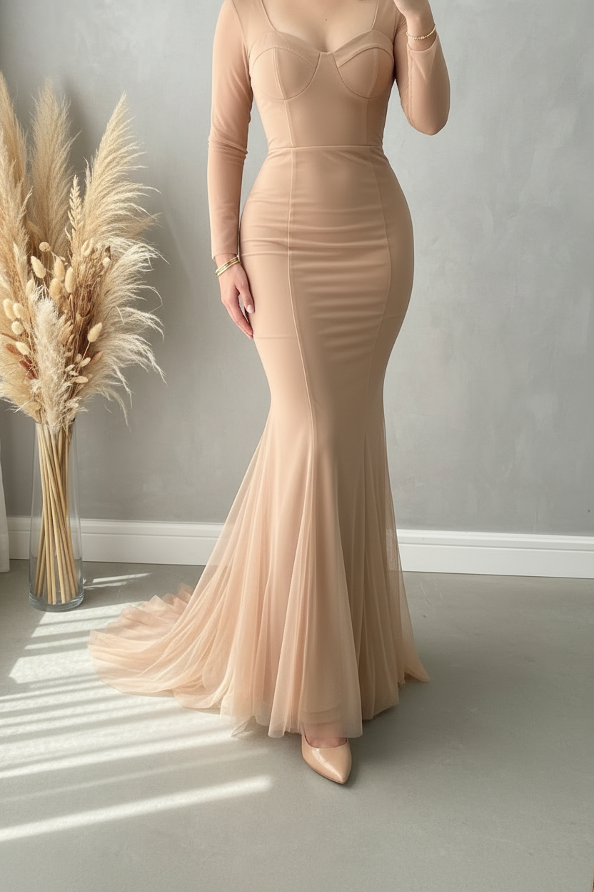 Vestido Nude Sirena con Tul y Tirantes cod.V363