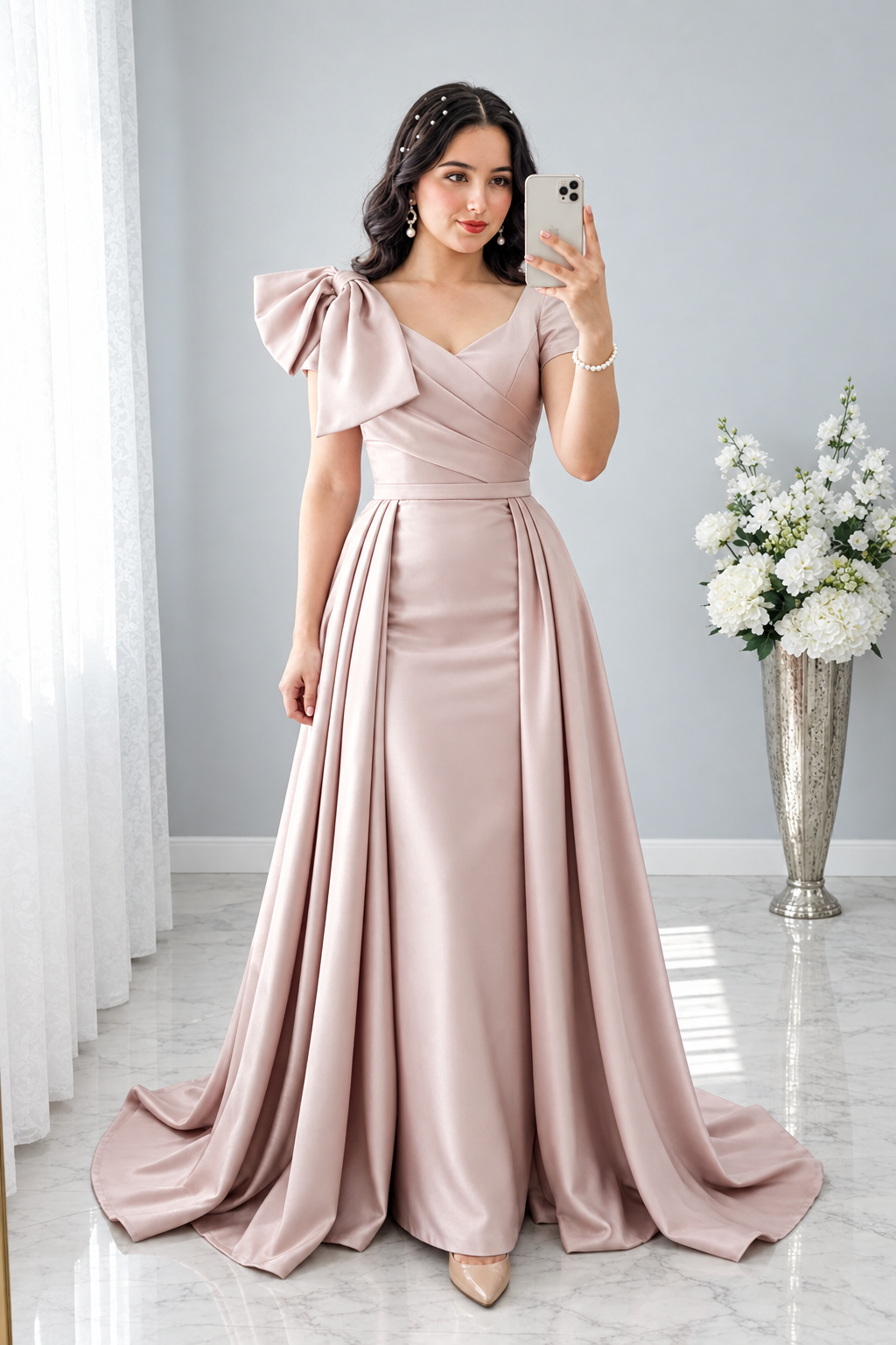 Vestido Blush Satén Escote V Cruzado Lazo Hombro Ball Gown Cola cod.V0044