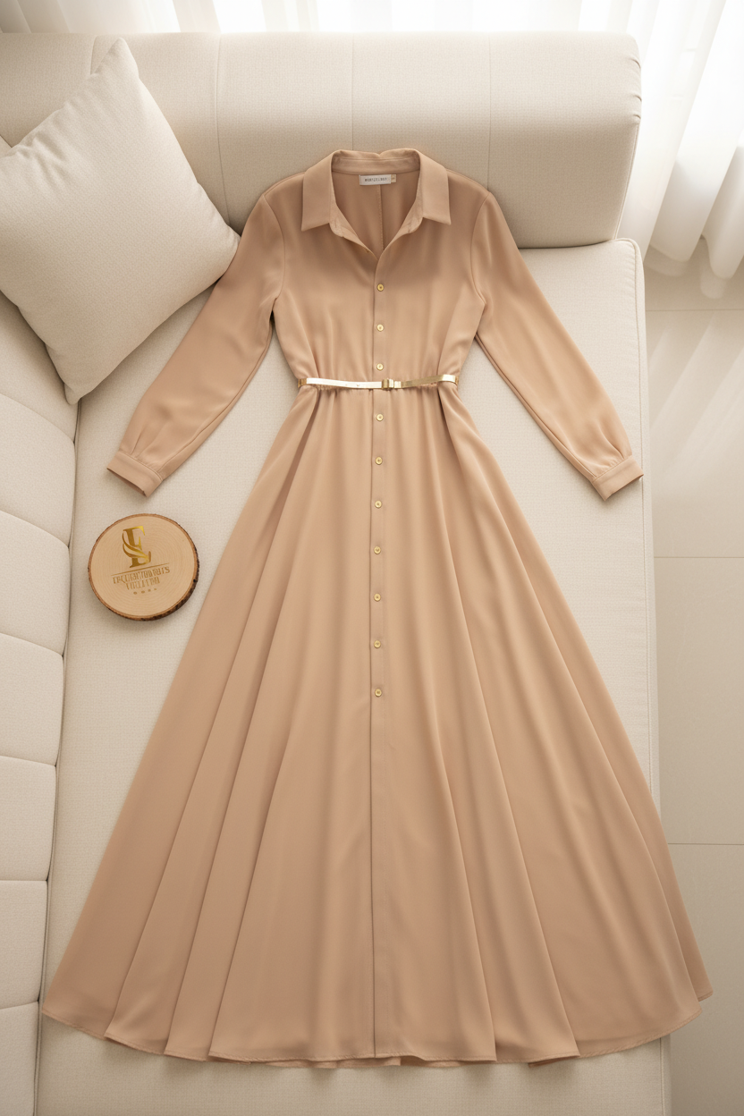 Vestido Beige Camel Manga Larga Cuello Camisero Botones Dorados Cinturon A-Line cod.831