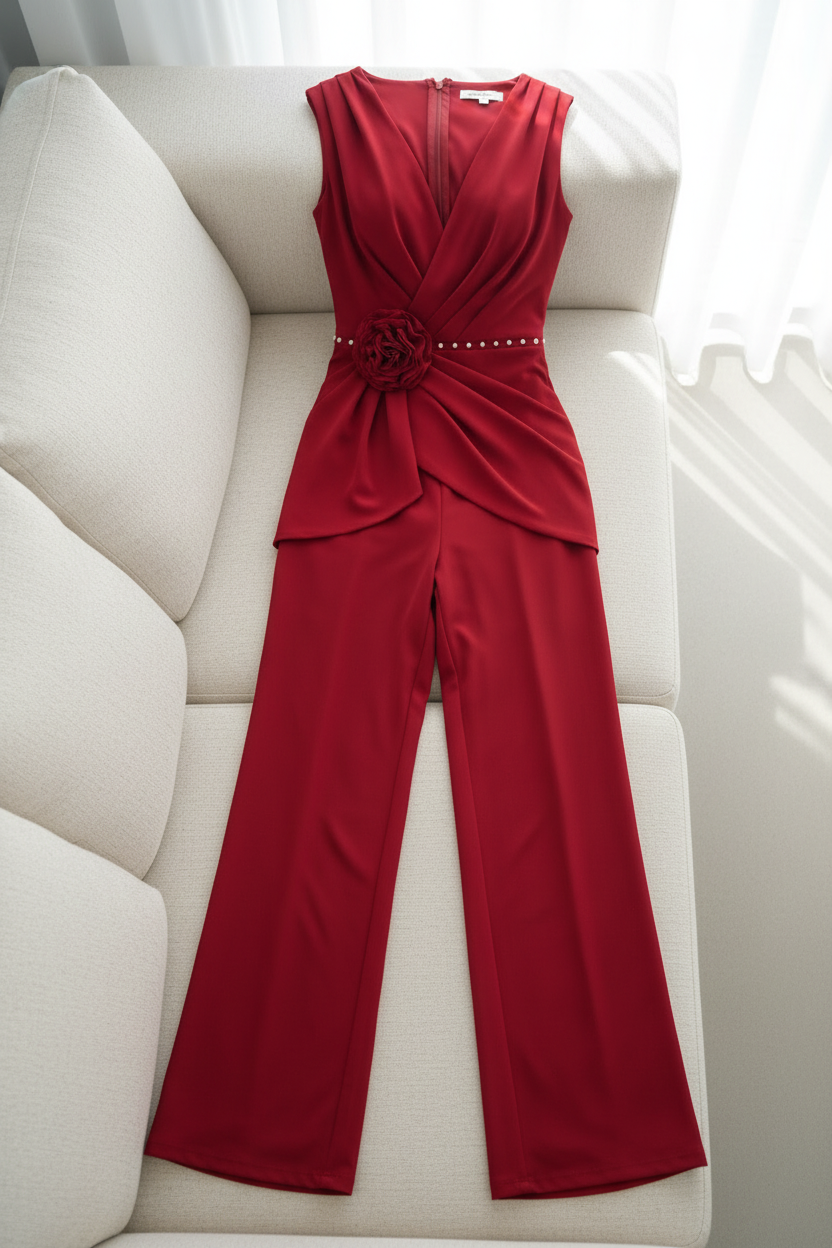 Enterizo Rojo — Escote V con Lazo y Rosa D cod.E623