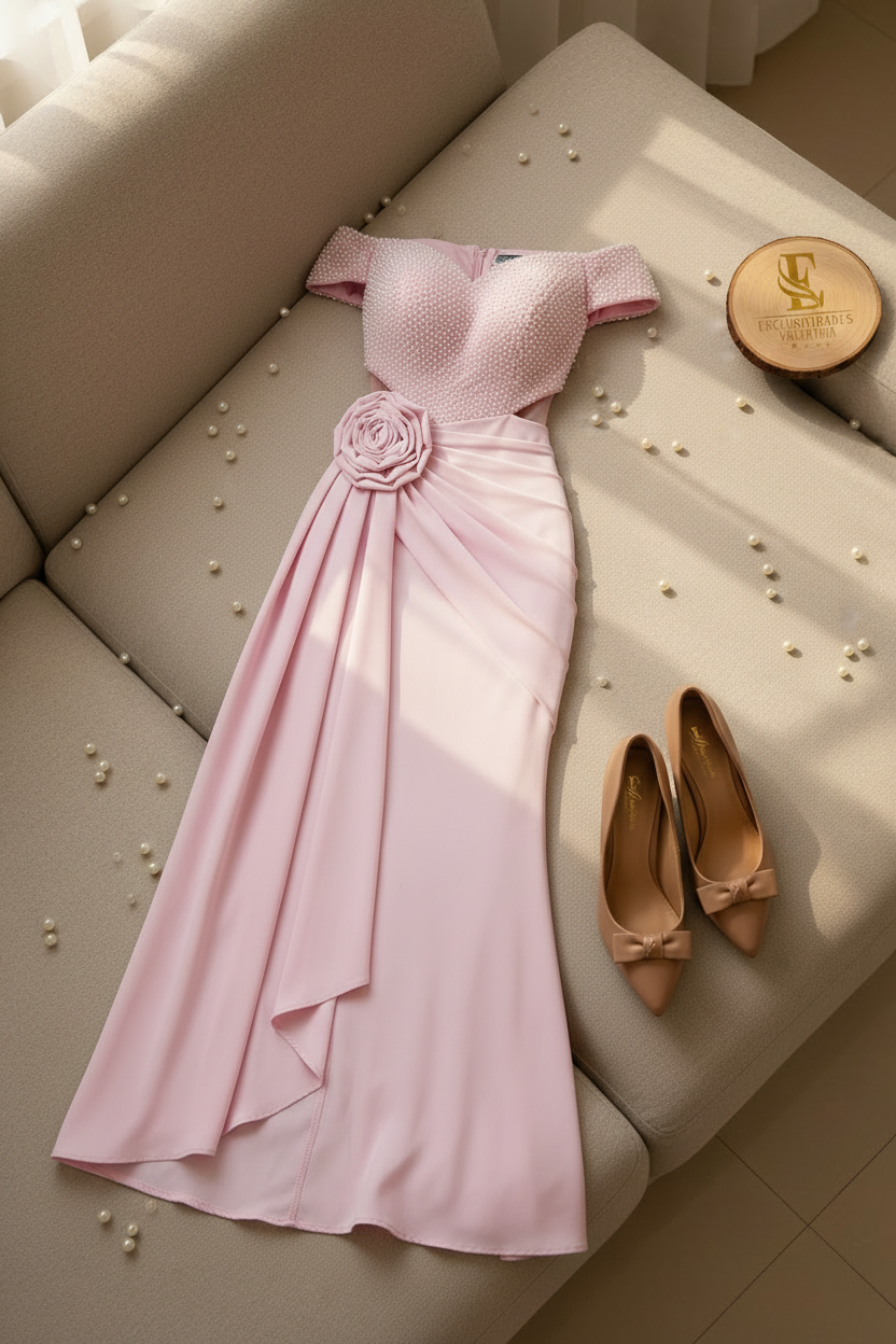 Vestido Formal Rosa Off-Shoulder Corset de Perlas con Rosa 3D y Falda Drapeada cod.531