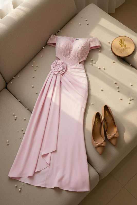 Vestido Formal Rosa Off-Shoulder Corset de Perlas con Rosa 3D y Falda Drapeada cod.531