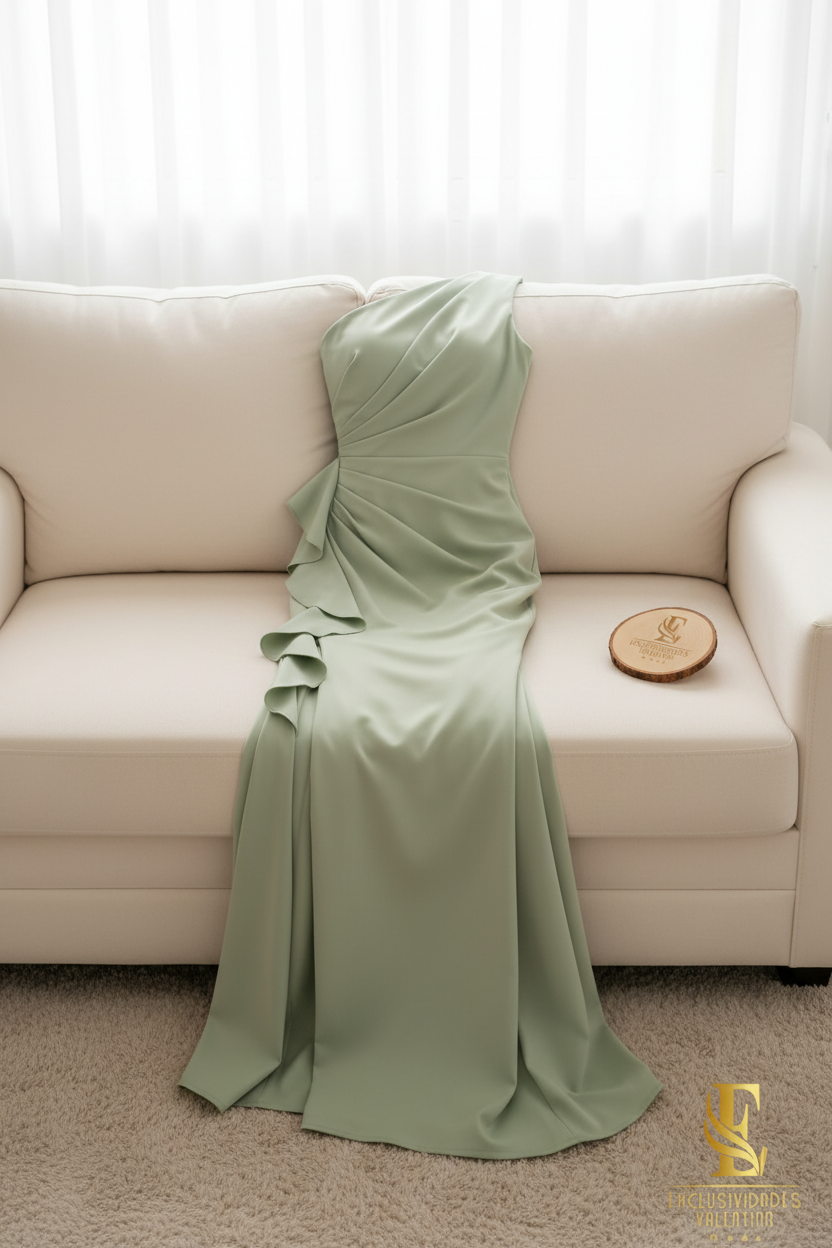 Vestido Verde Sage One-Shoulder Volantes Abertura Lateral Cierre Invisible cod.00112