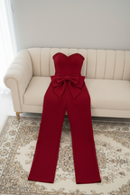 Enterizo Rojo Vino Strapless Corset con Moño y Pantalón Wide-Leg cod.E601