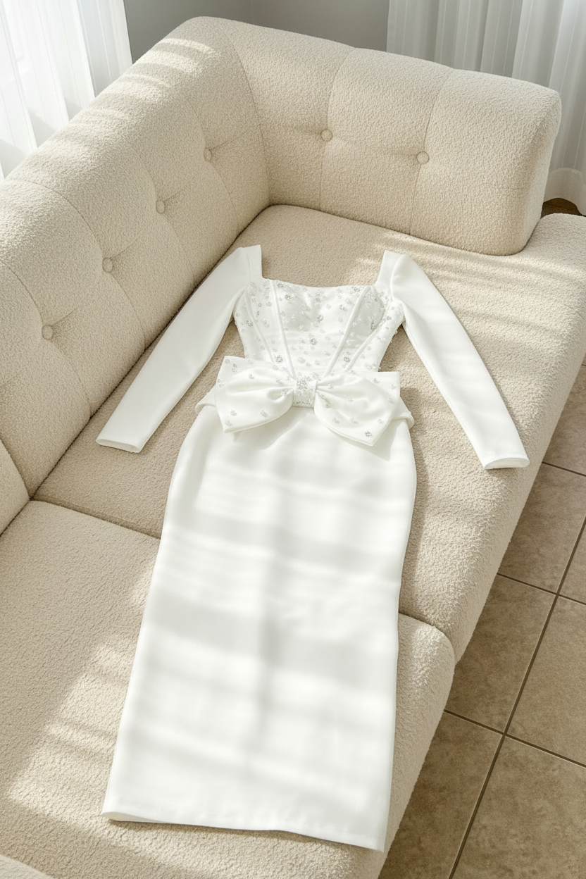 Vestido Elegante Blanco Corset Cristales Lazo y Falda Lápiz cod.V0032