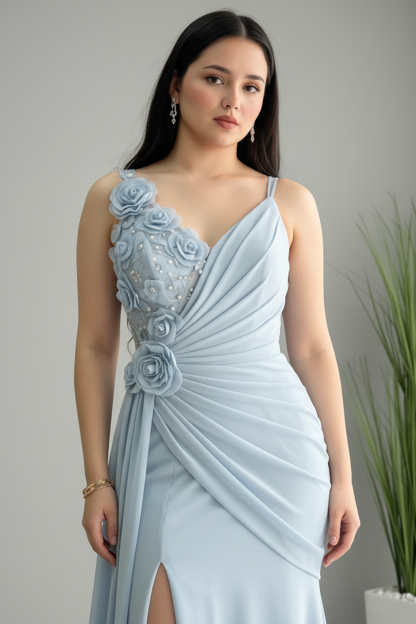 Vestido Azul Cielo Maxi con Rosas 3D y Perlas cod.962
