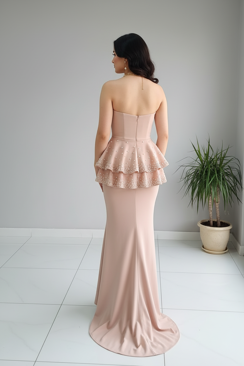 Vestido Formal Blush Strapless Peplum Doble con Perlas y Falda Sirena con Cola cod.541
