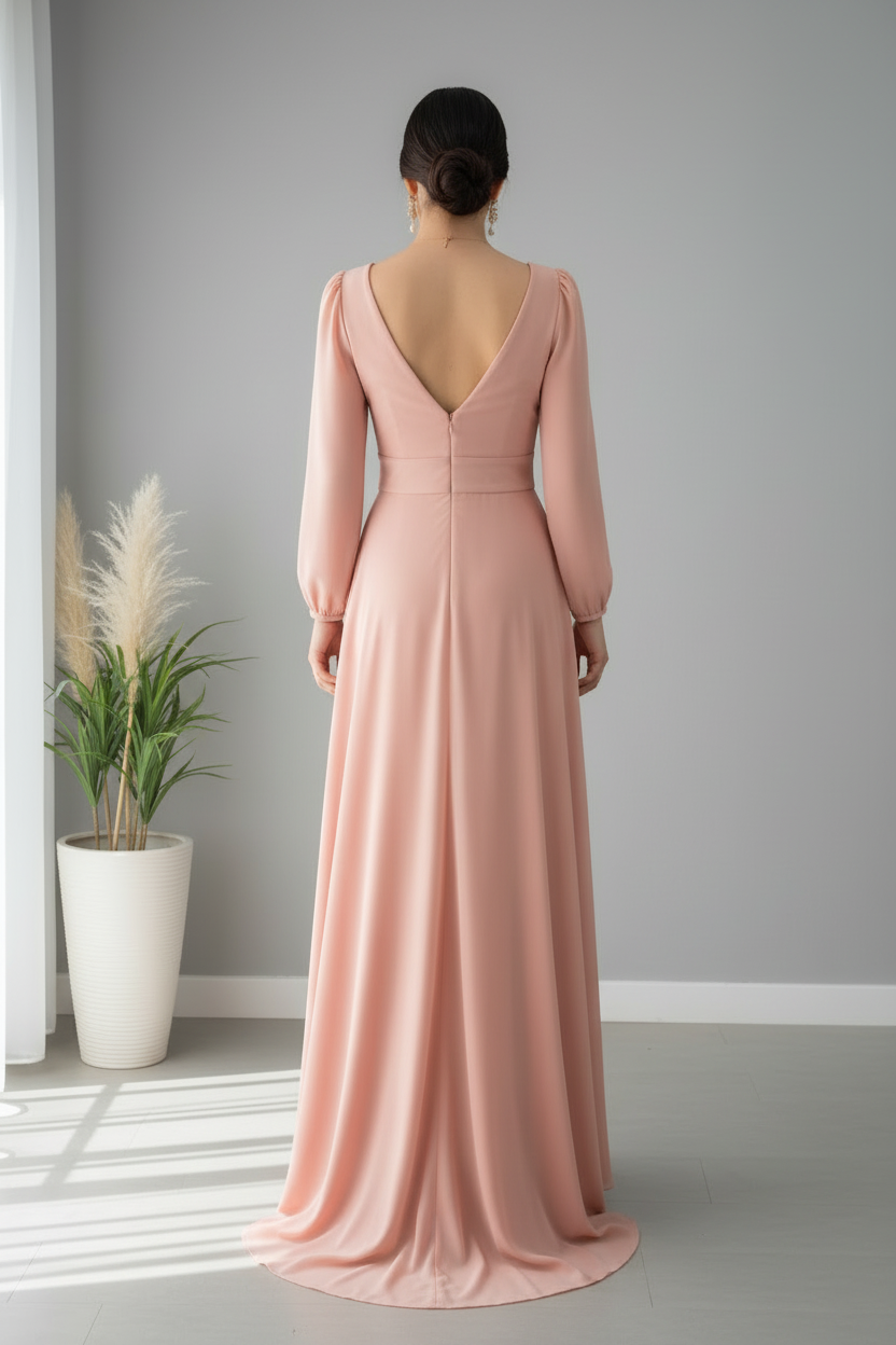 Vestido Rosa Palo — Escote V, Rosa 3D & Falda Maxi cod.865