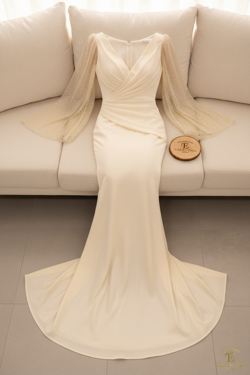 Vestido Champagne Escote V Mangas Campana Tul Cristales Sirena cod.929