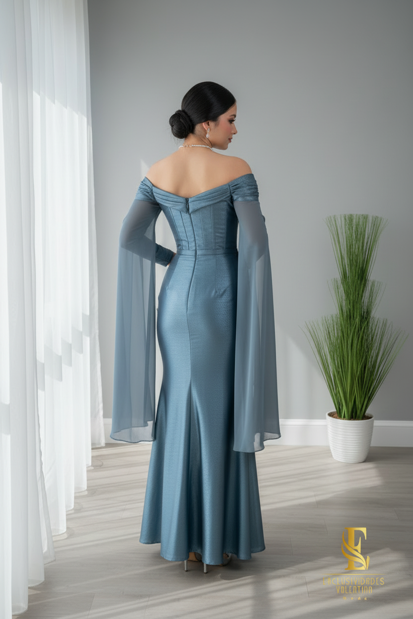 Vestido Azul Acero Off-Shoulder con Mangas Campana Largas cod.V676