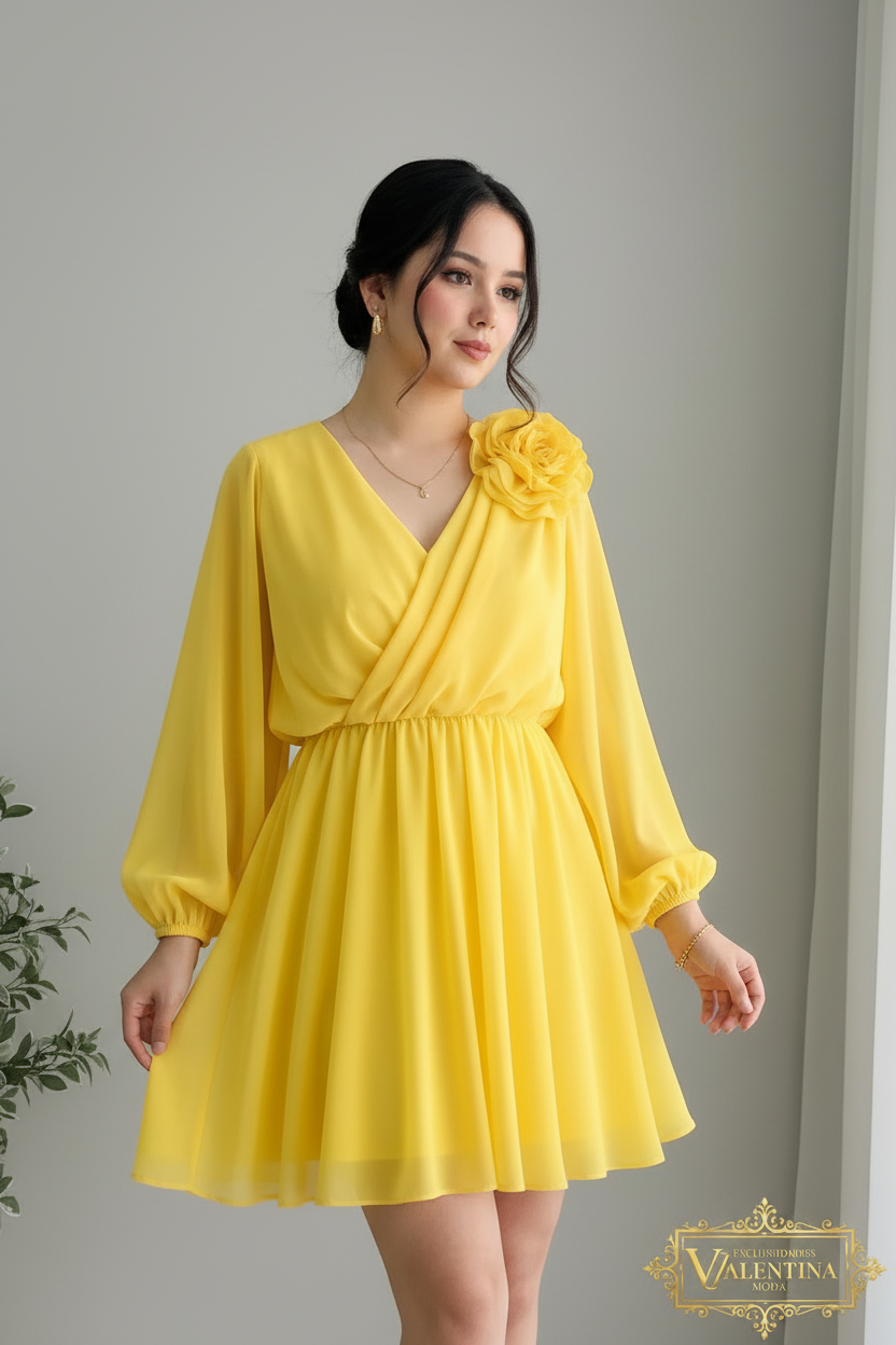 Vestido Amarillo Escote V Cruzado Manga Globo Rosa 3D Falda Chifón cod.940