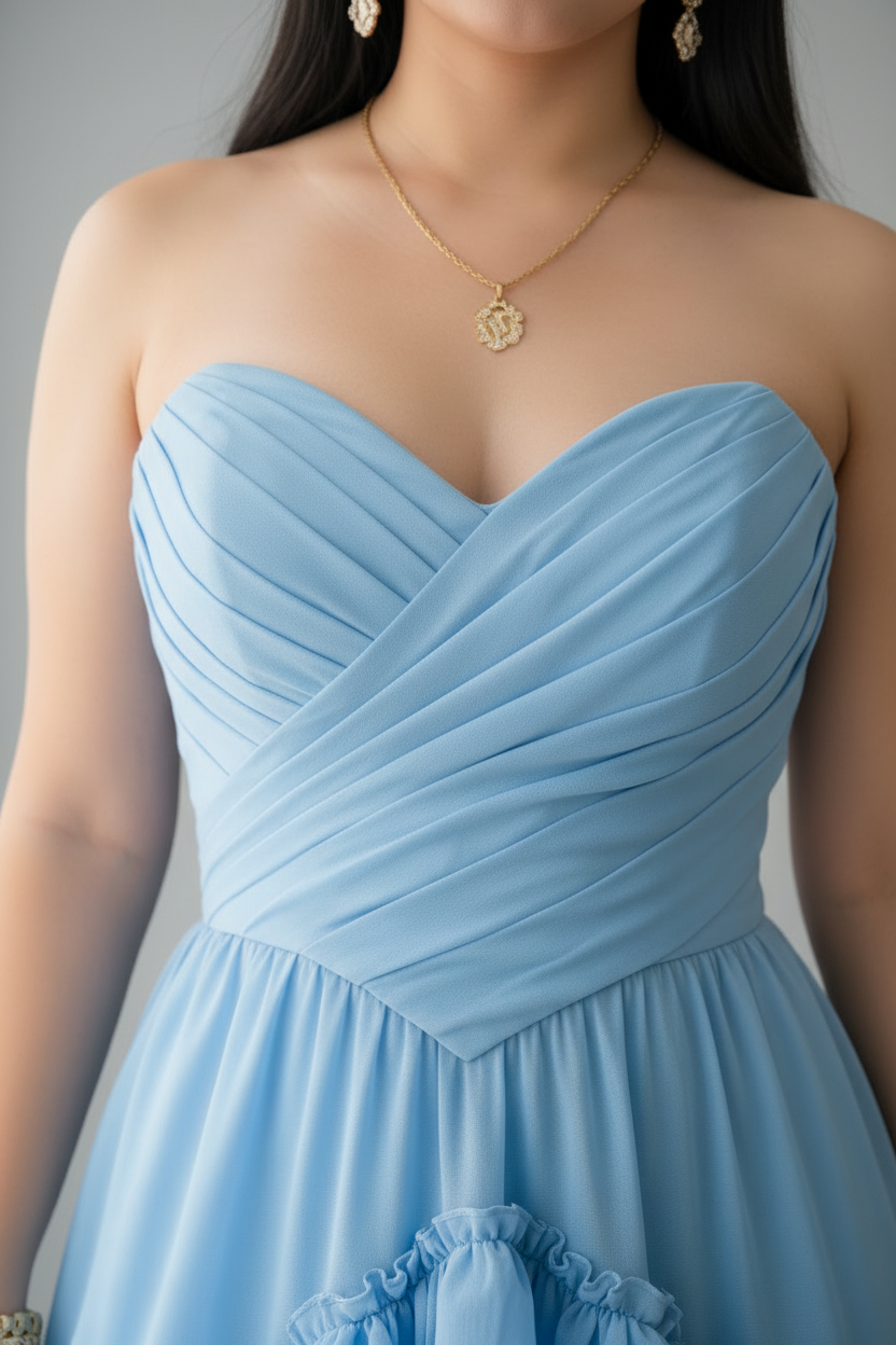 Vestido Azul Cielo Strapless Corset Drapeado Cruzado y Falda Volantes en Capas cod.770