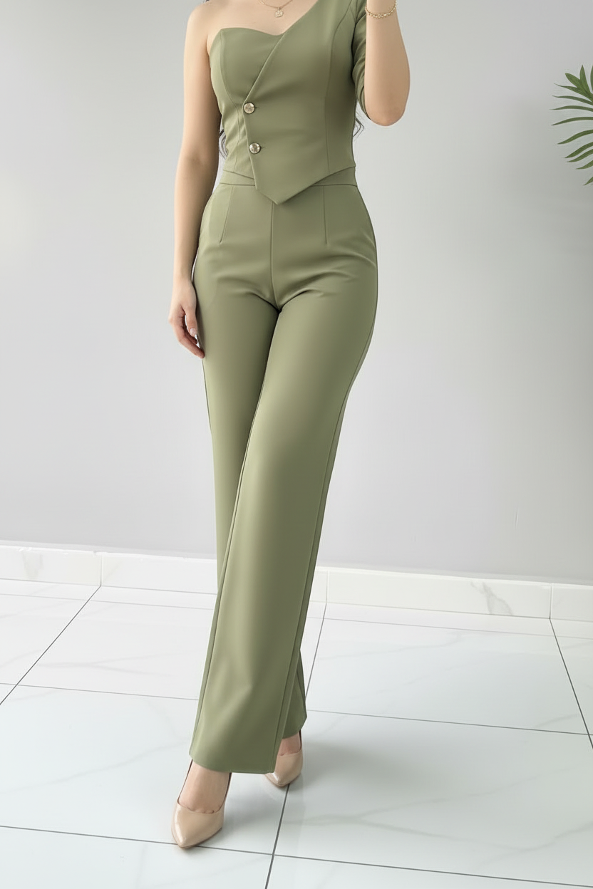 Conjunto Olive Chic – Top Asimétrico Un Hombro & Pantalón Palazzo cod.667
