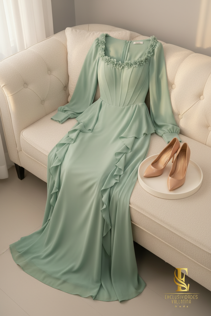Vestido Verde Salvia Corset Cuello Cuadrado Flores D cod.00167