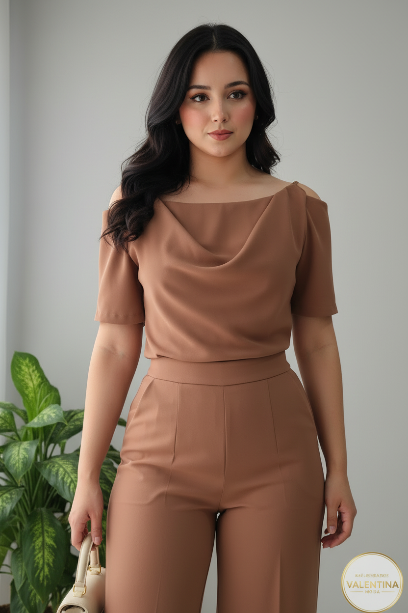 Conjunto 2 Piezas Nude Camel Top Cowl Drapeado y Palazzo cod.00140