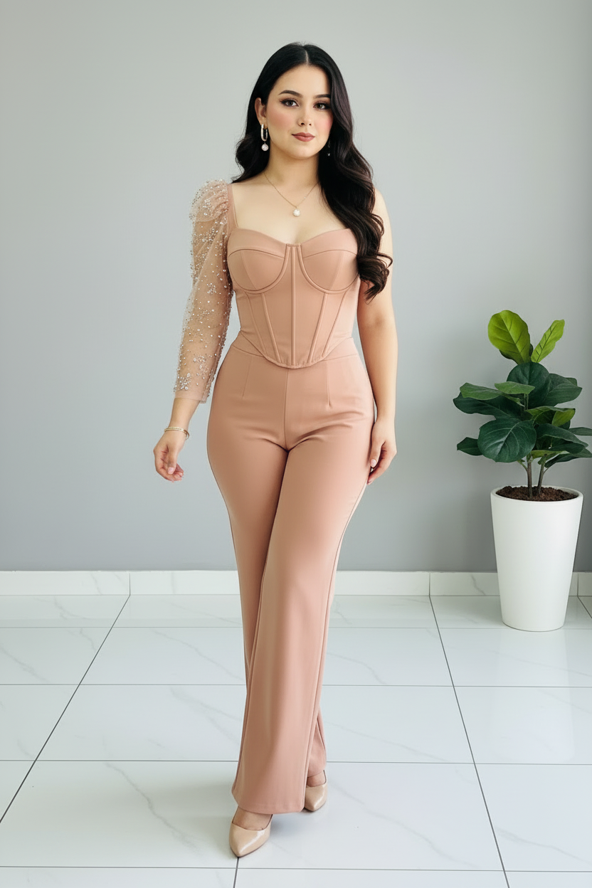 Conjunto Dos Piezas Nude Blush Corset con Manga de Tul y Perlas y Pantalón Wide Leg cod. 535