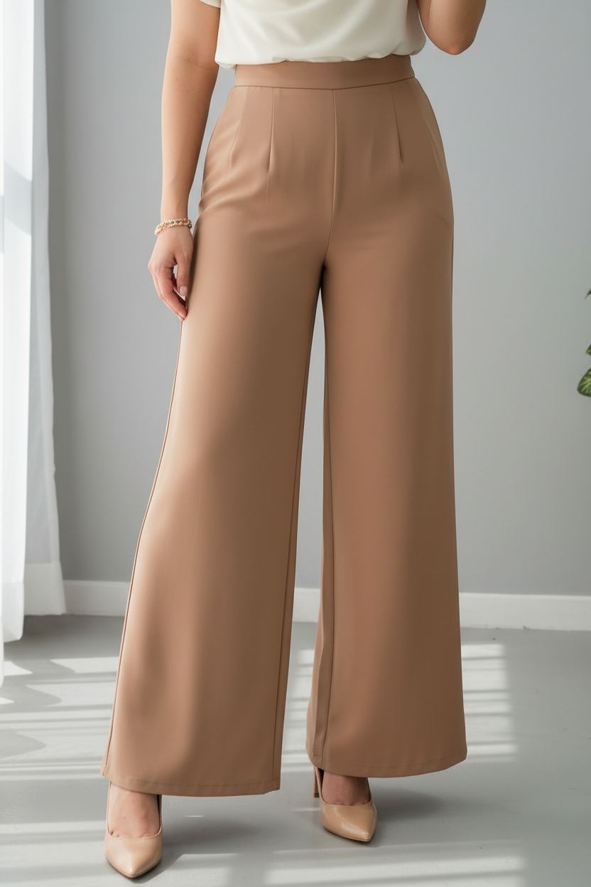 Conjunto Dos Piezas Top Wrap Crema Flor 3D Pantalon Palazzo Camel Wide Leg cod.843