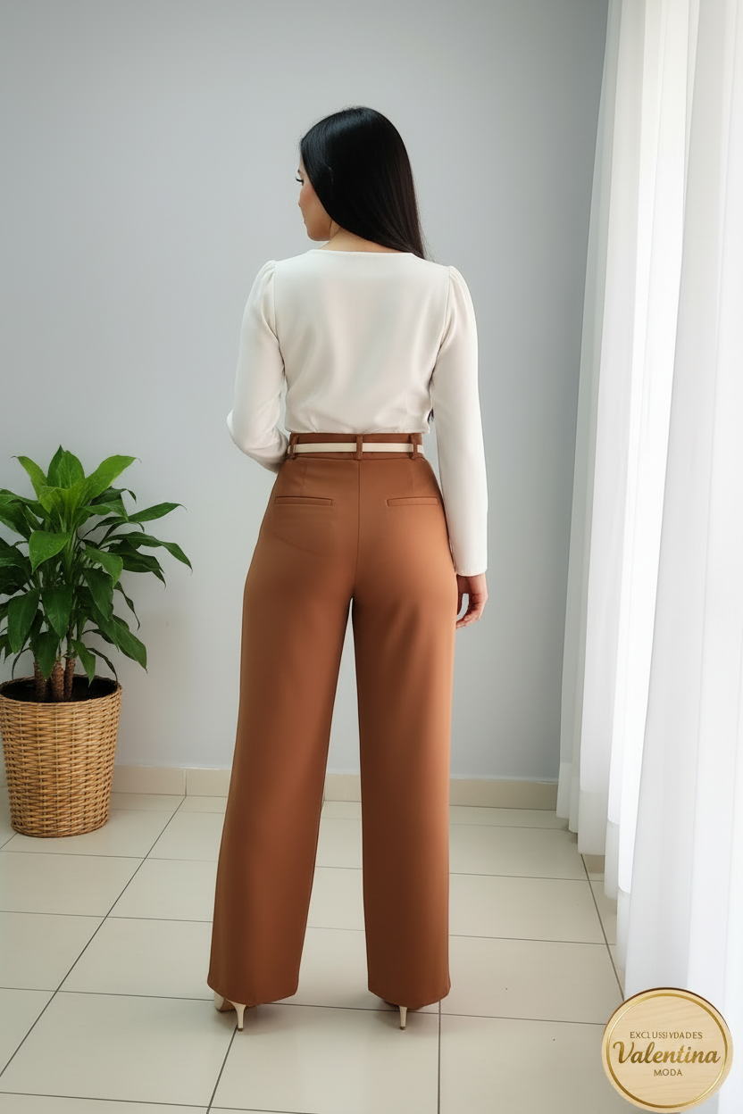 Conjunto 2 Piezas Top Blanco Rosa 3D Manga Larga y Palazzo Terracota cod.00138