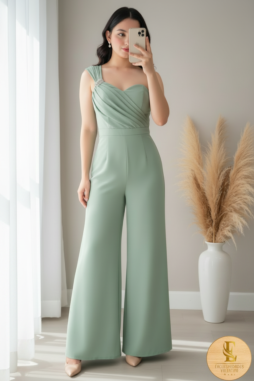 Enterizo Verde Menta One-Shoulder Palazzo Drapeado Broche Cristales cod.00110