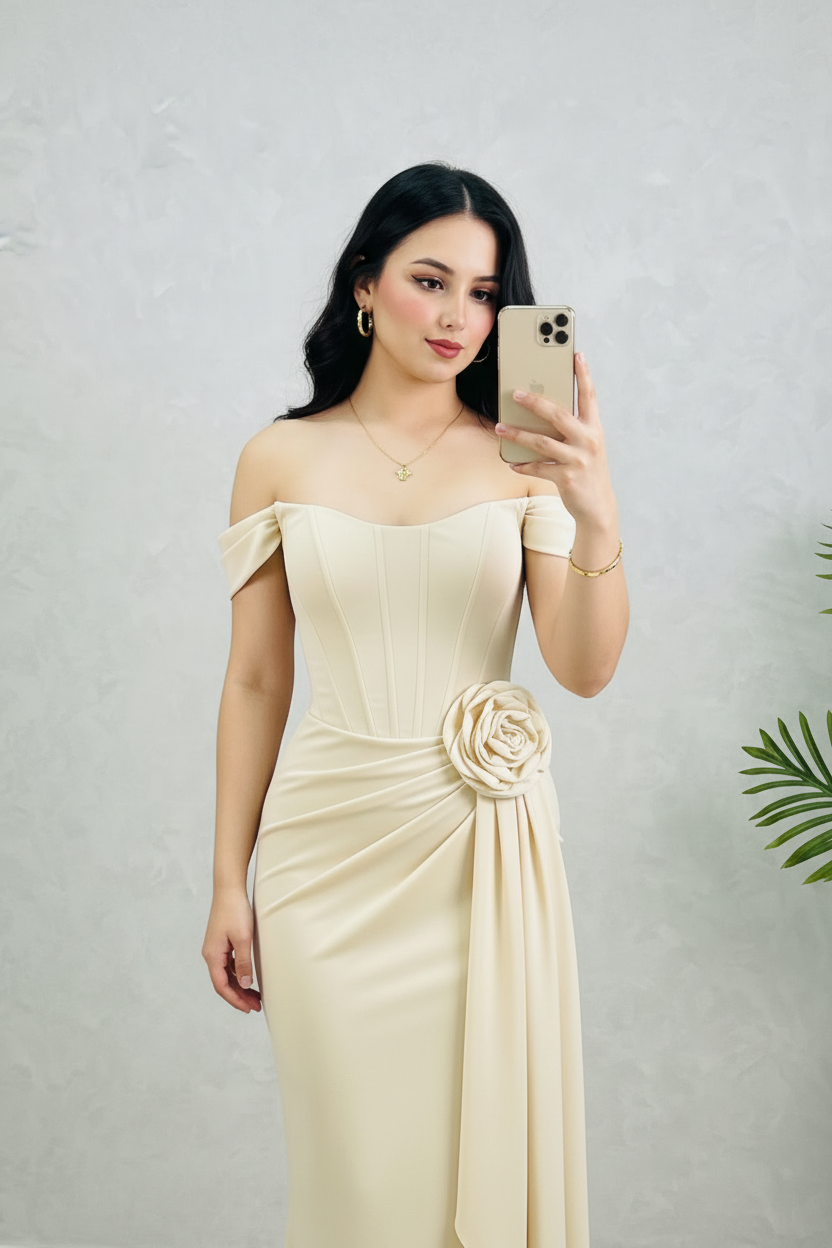 Vestido Formal Crema Off-Shoulder con Rosa 3D y Drapeado cod.512
